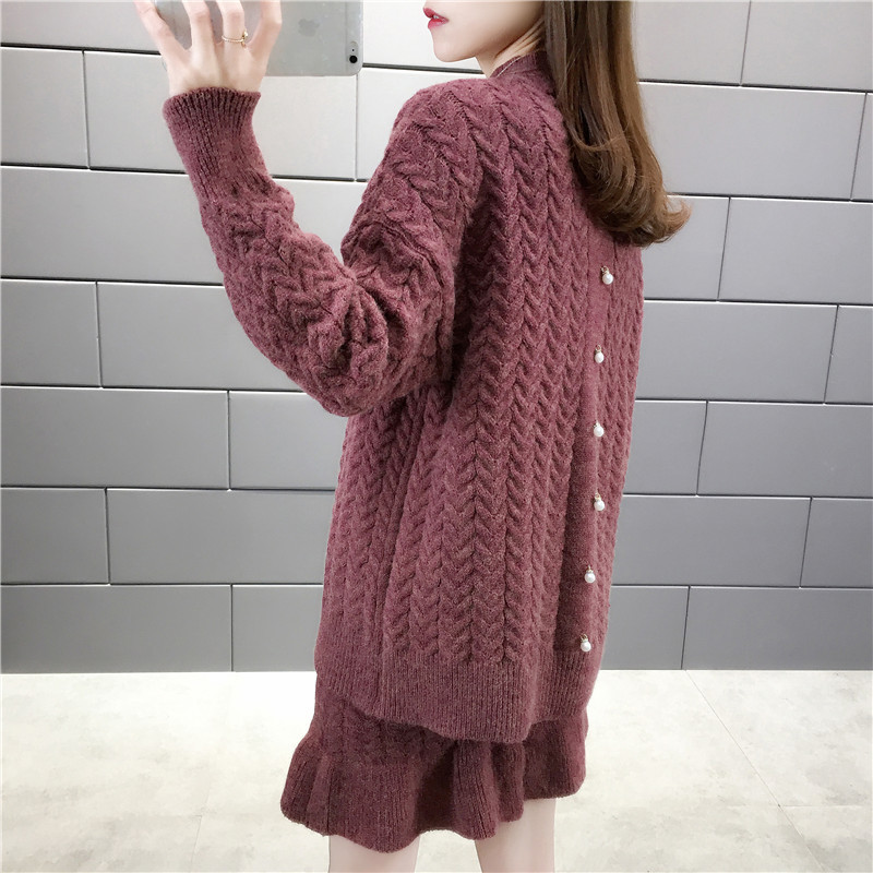 Women's Autumn Winter New Twist Woven Knit Sweater Set Loose Oneck Long Sweater Ruffled Knit Mini Skirt Twopiece ML240 201102