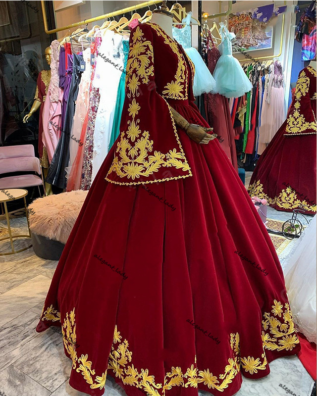 Kosovo Albanian Caftan Evening Dresses 2021 burgundy Velvet Long Sleeve gold Applique Robe De Soirée Prom Dress Vestidos De