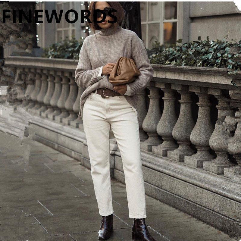 FINEWORDS Autumn Korean Apricot Harem Boyfriend Jeans Women Plus Size Beige Jeans Vintage Casual Wide Leg Boot Cut Denim Pants 210222