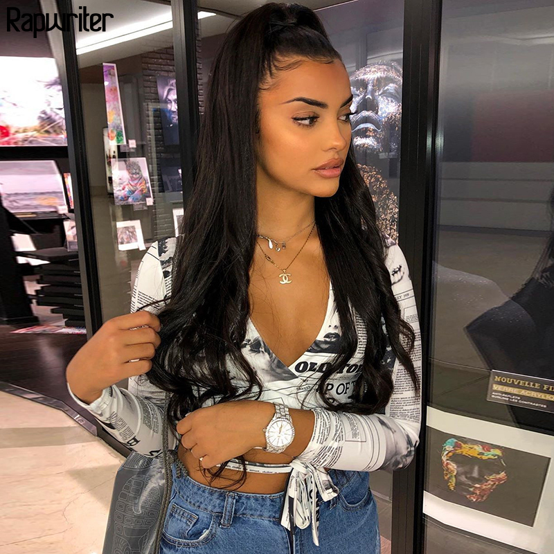 Rapwriter Fashion Newspaper Print Cross Deep V-Neck Lace-Up Women's Blouse Streetwear Crop Top Long Sleeve Retro Sexy Shirt 210225