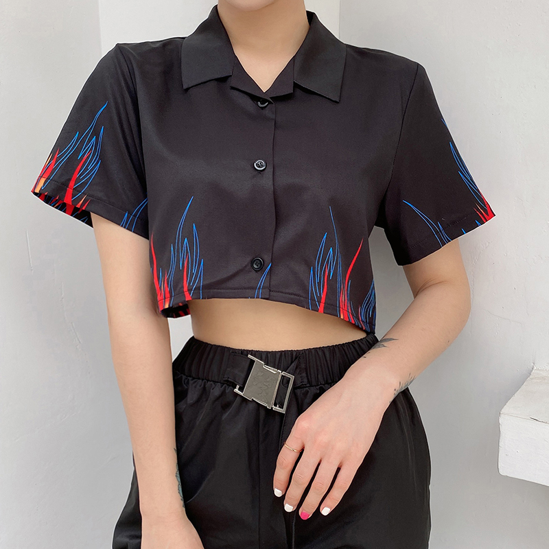 Waatfaak Single Breasted Flame Print Crop Top Tee Shirt Women Turn-down Collar Short Sleeve T-shirt Black Casual High Street T200512
