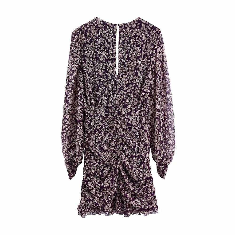 Women Printed Draped Short Dress V-neckline Ruffled Hem Vintage Retro Casual Elegant Chic Mini Woman Dresses 210709