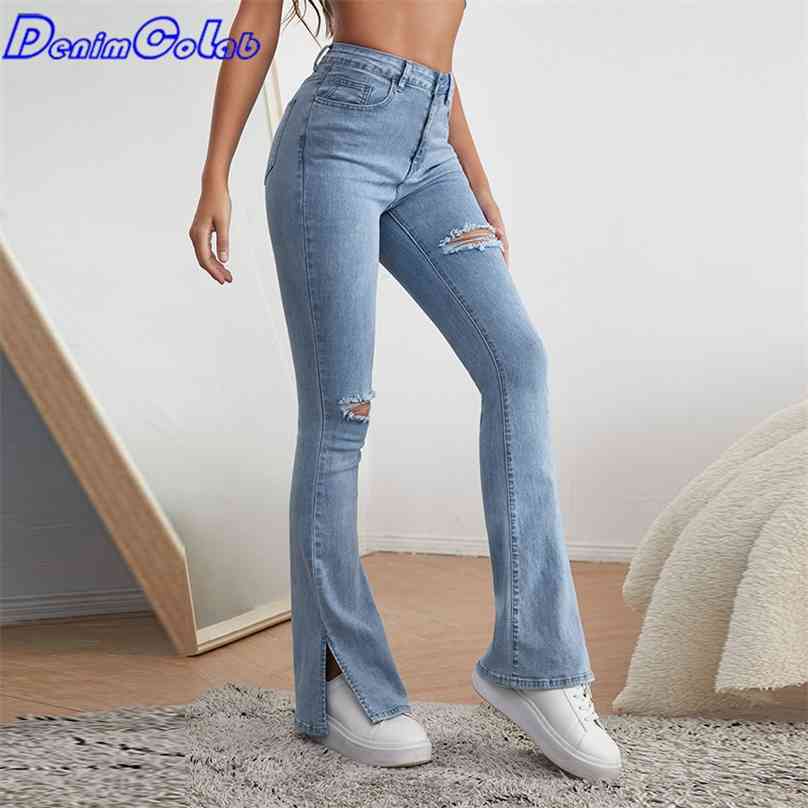 DenimColab High Waist Elastic Micro Flared Pants Jeans Women Split Hole Skinny Pencil Casual Stretch Office Lady 210922