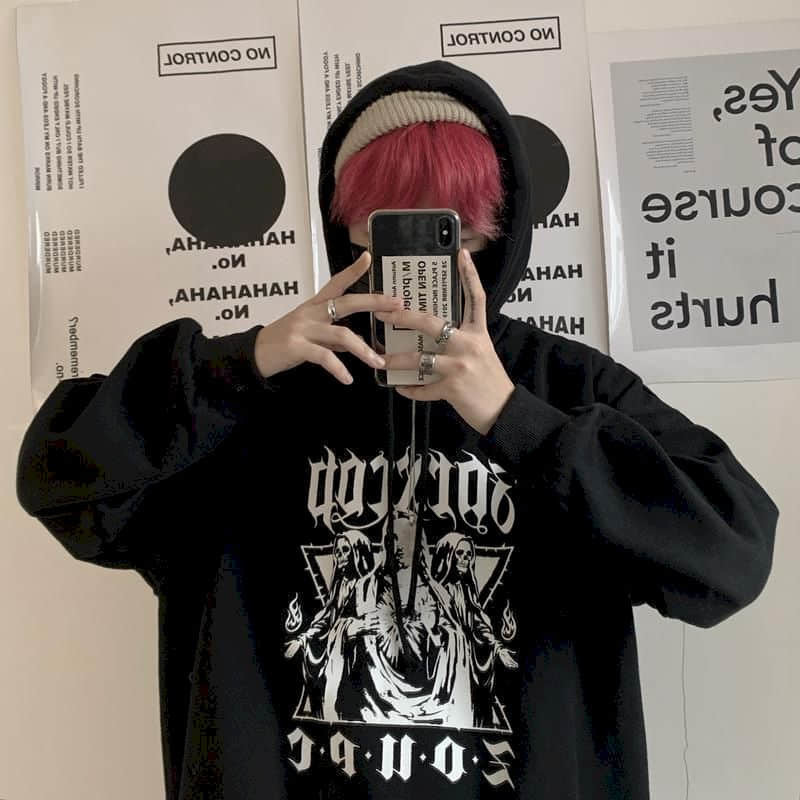 Autumn winter gothic hoodies men clothes punk tops Korean ins retro dark character print loose plus velvet hooded sweater coat 201103
