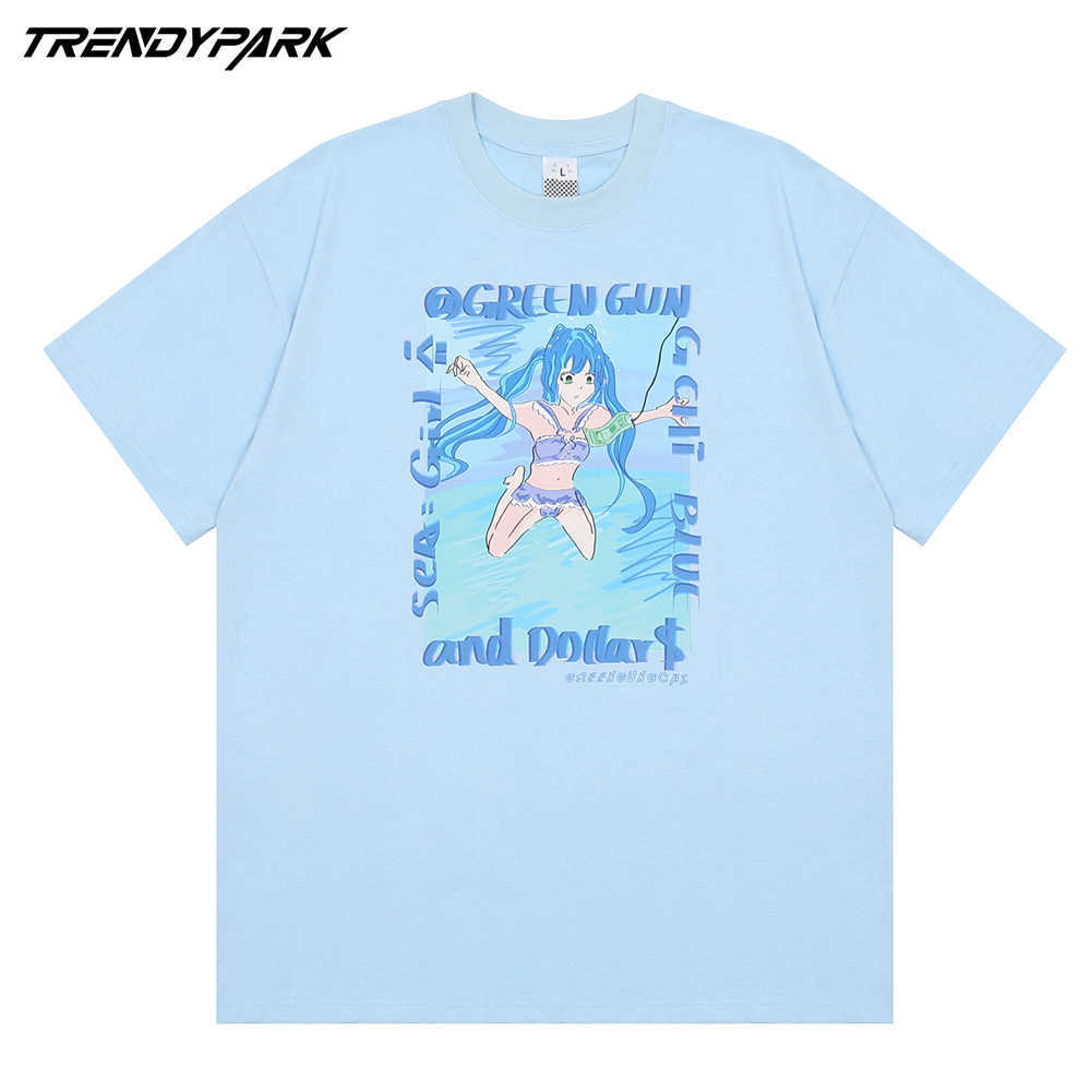 Men T Shirt Hip Hop Streetwear Anime Girl Painting Print T-Shirt Summer Short Sleeve Harajuku Cotton Oversized Tshirt Tops 210601