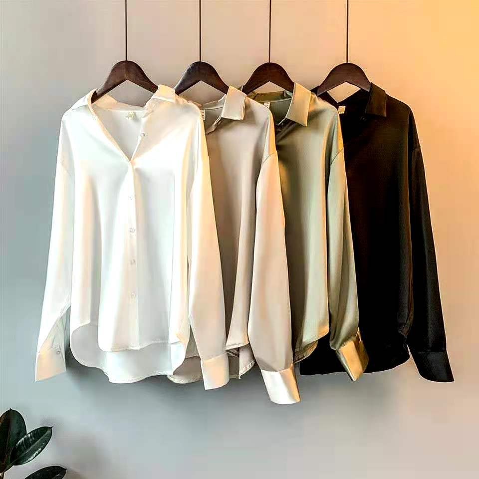 Fashion Stylish Button Up Satin Silk Shirt Vintage Blouse Women White Lady Long Sleeves Female Loose Street Shirts 210225