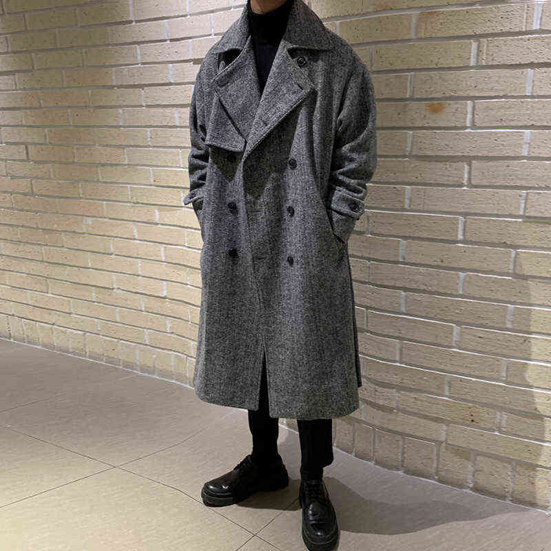 IEFB Autumn Winter Woolen Coat Men's Korean Trend Medium Long Loose Long Coats Handsome Over Knee Woolen Coat With Belt 9Y9566 211122