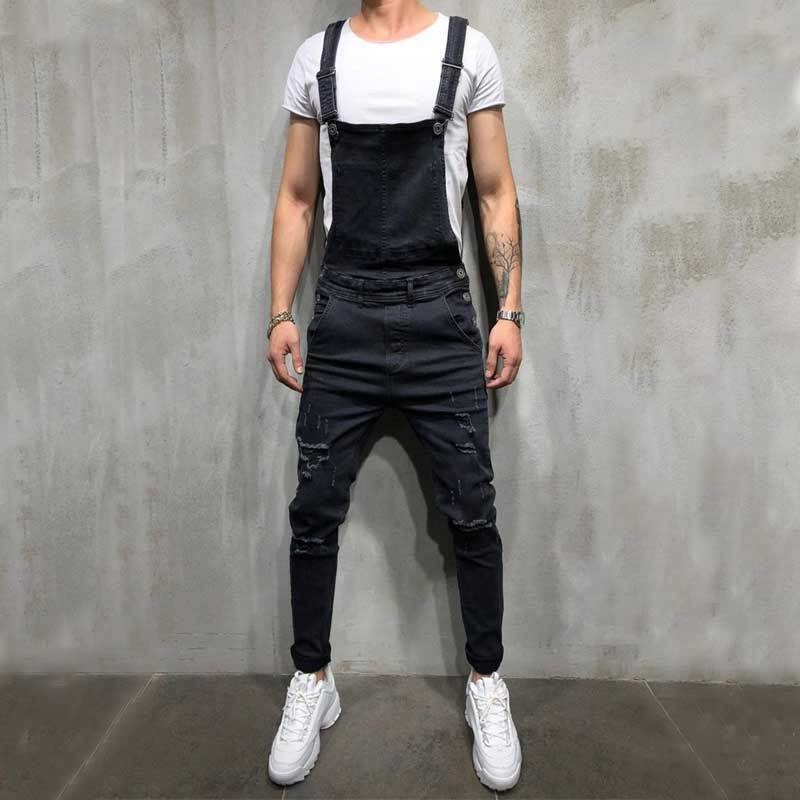 Street men's hollow onepiece strap jeans with elastic feet T200614