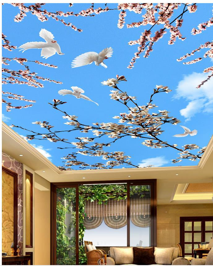 Flower branch blue sky white cloud living room bedroom ceiling mural 3d wallpapers