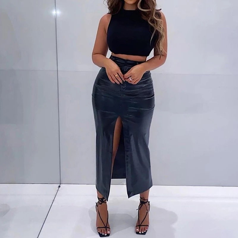 Black PU Leather Women's Skirt High Waist Split Zipper Solid Skinny Female Pencil Midi Skirts 2021 Spring Sexy Nightclub Clothes 210309