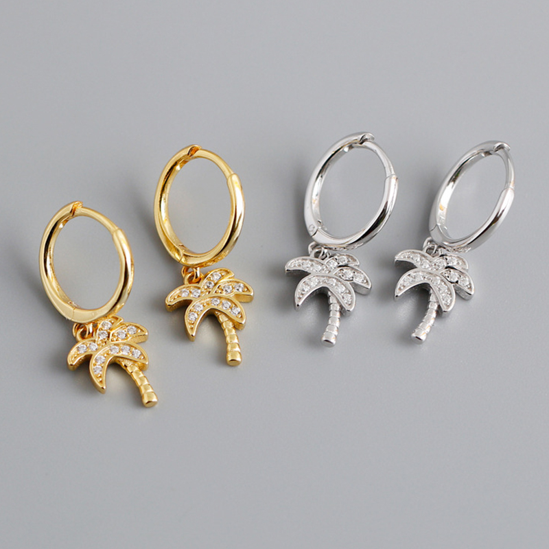 925 Sterling Silver Hoop Earring Women Jewelry Gold Plated Palm Tree Clip Circle Round Earrings Boucle Doreille Femme