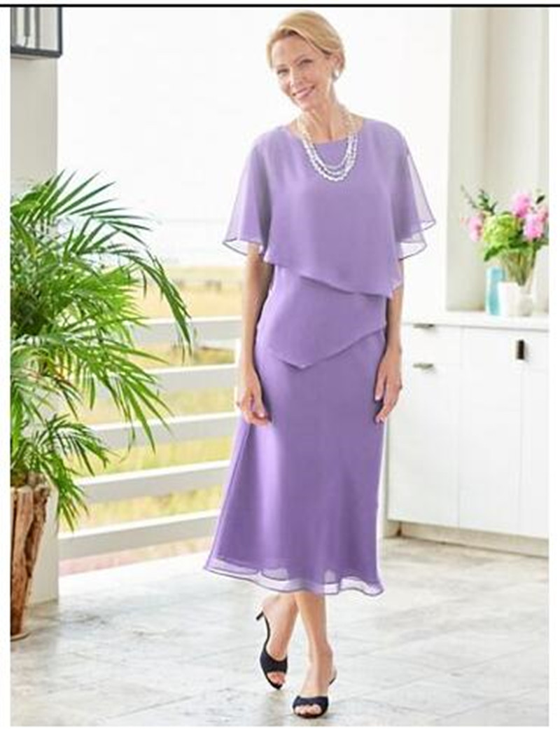 Purple Chiffon Mother of the Bride Dresses Jewel Neck Wedding Guest Dress Plus Size Mothers Groom Dresses