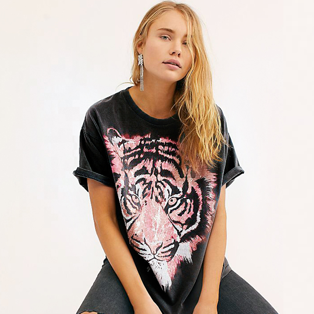 Jastie Oversized Tiger Tee Graphic Women T-Shirt Cotton Loose Slouchy tee shirts O-Neck Pullover Short Sleeve Summer tshirt Top 210306