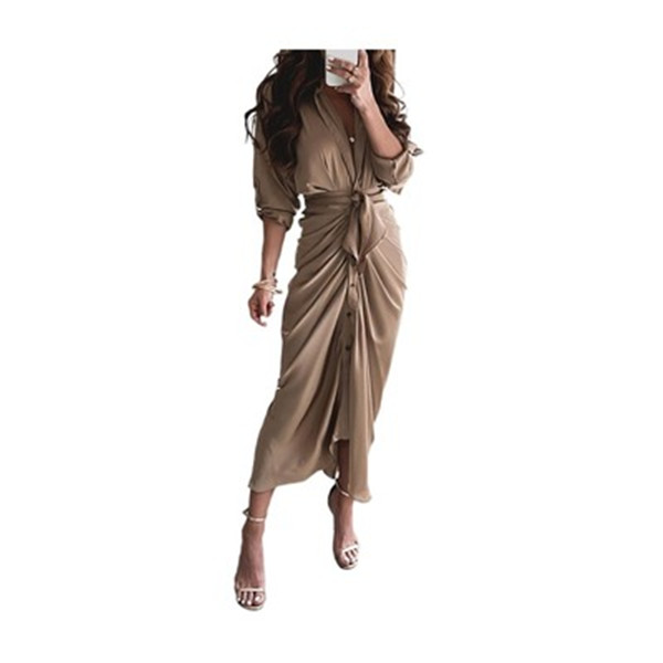 Women's Summer Elegant Button Ruched Bandage Maxi Dress - Short Sleeve, V Neck, Casual Beach Dress, Plus Size, B4