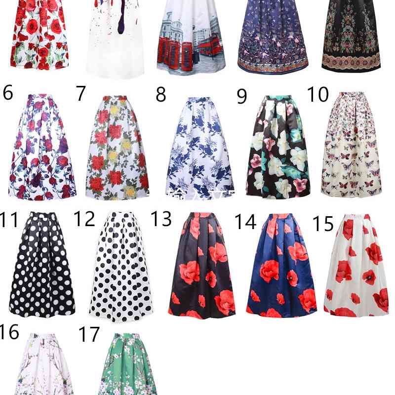 Skirts 23 Patterns Maxi Women Fashion Satin Flared Long Vintage Retro Rose Floral Print Pleated SK064 210621