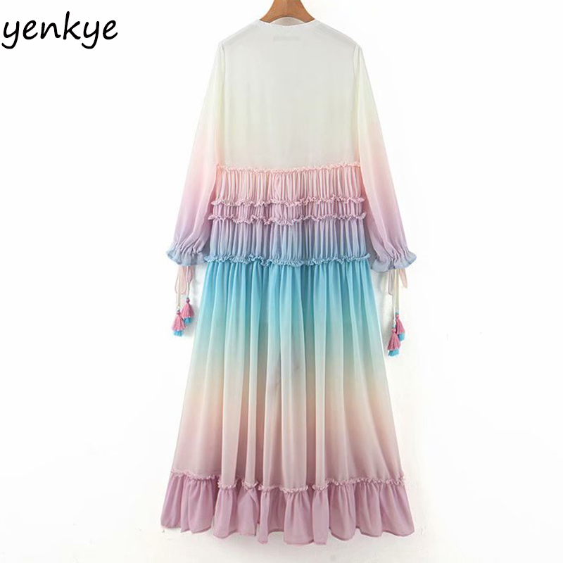 Multicolor Gradient Print Long Maxi Dress Women V Neck Long Sleeve Ruffle Holiday Boho Beach Dress A-line Chiffon Summer Dress 210309