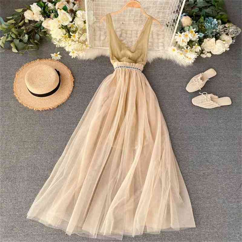 Women Patchwork Mesh Dress Summer Sexy V-neck Sleeveless Spaghetti Strap Long Robe Elegant Ladies Beach Tulle 210525
Women Patchwork Mesh Dress Summer Sexy V-neck Sleeveless Spaghetti Strap Long Robe Elegant Ladies Beach Tulle 210525