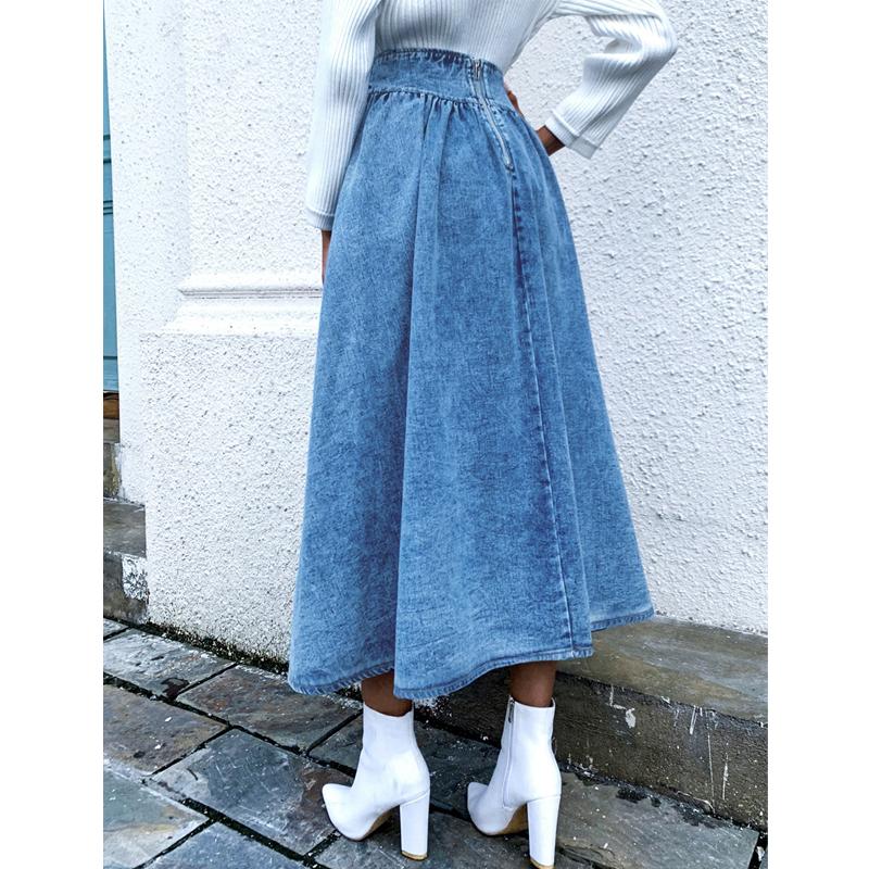 Skirts Women Maxi Blue Denim Skirt Pleated 2021 Autumn Winter Spring Slim Waist Long Jeans Casual Solid Office Ladies