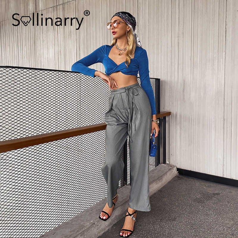 Sollinarry Office lady high waist pants solid High street loose lace up long pants autumn Fashion elastic pocket ladies bottoms 210709