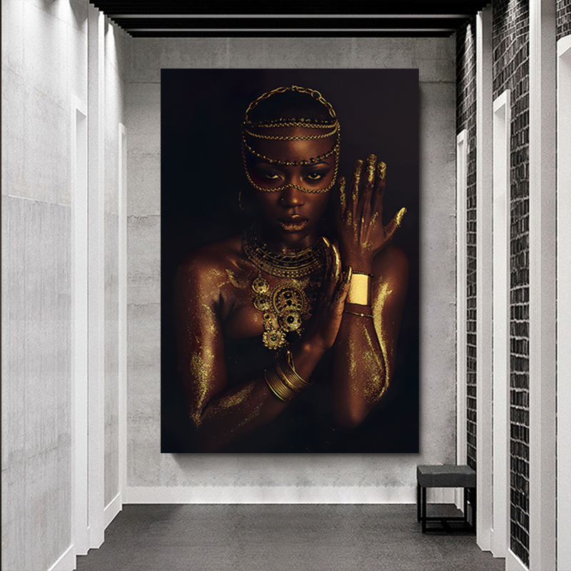 African Woman Posters and Prints Black and Gold Women Oil Painting On The Wall Modern Art Canvas Picture for Living Room Cuadros