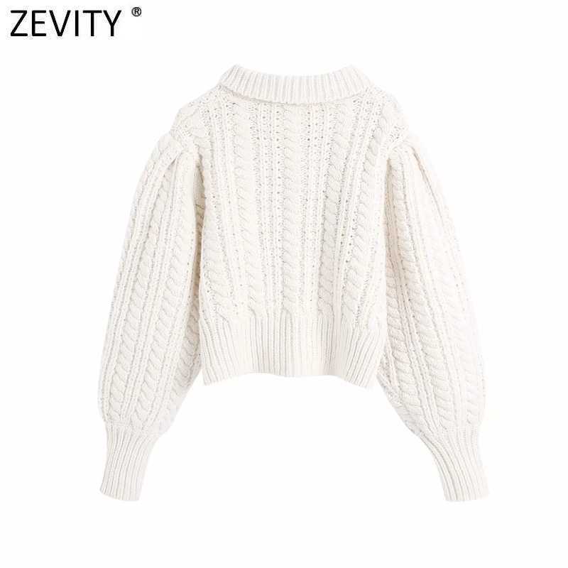 Zevity Women Elegant Turn Down Collar Casual Knitting Sweater Ladies Chic Lantern Sleeve Buttons Pullovers Short Tops S517 210603