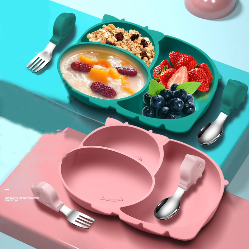 Cow Silicone Baby Feeding Silicone Plate Kids Bowl For Breakfast Nursning Feeding Tableware Set With Spoon Fork Set 210226