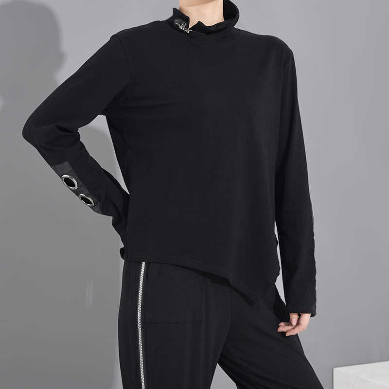 [EAM] Women Black Hollow Out Asymmetrical Split Joint T-shirt Stand Collar Long Sleeve Fashion Spring Autumn 1M87401 210720