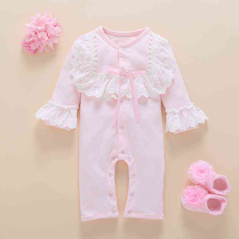born Baby Girl Clothes Fall Cotton Lace Princess Style Jumpsuit 0-3 Months Infant Romper With Socks Headband ropa bebe 220105