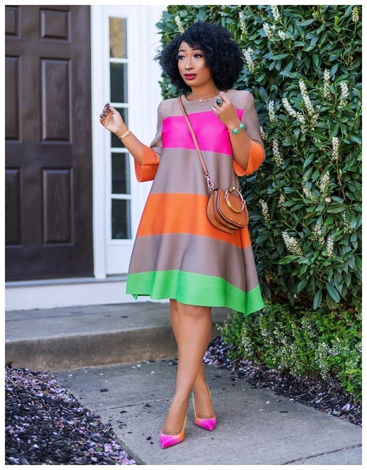 HGTE Rainbow Striped Print Ladies Fashion Dress M-2XL large size rainbow color office dress Business party temperament dress 210309