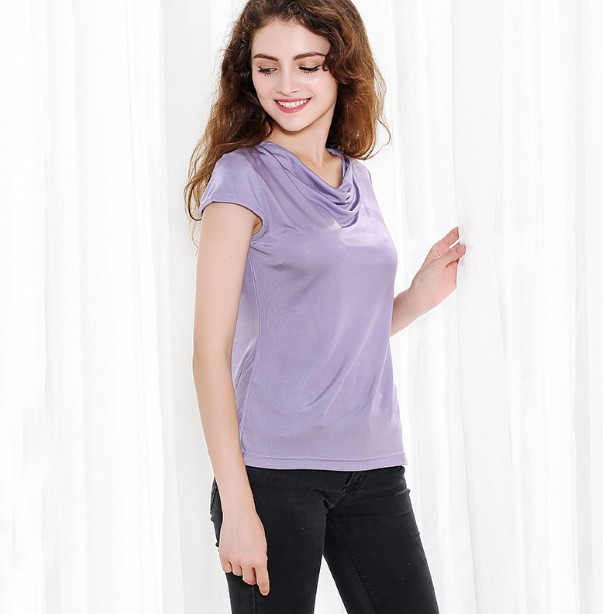Women's 50% Silk 50% Viscose Knit Drape Neck T-Shirts top 8 colors M-2XL SJ305 210302