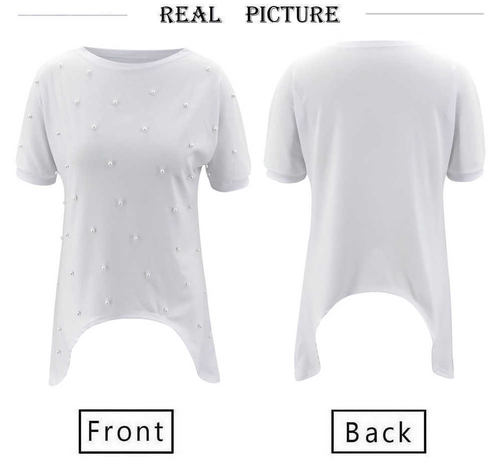 Women White Tshirts Casual O Neck Short Sleeve Beading Decor Irregular Hem Solid T-shirts Female Summer Loose Pullover Tops 210526