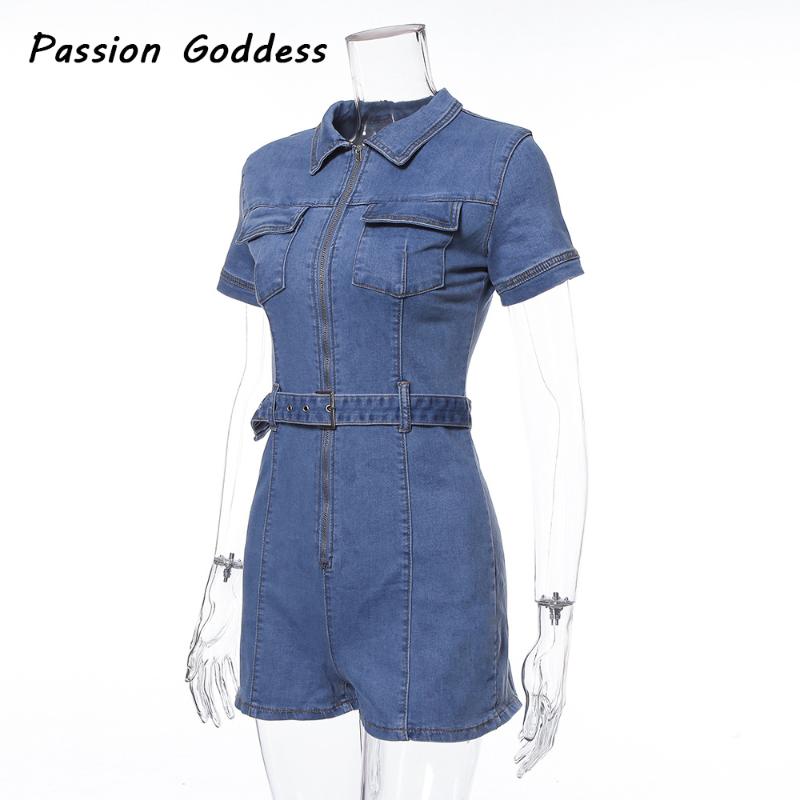 Women Zipper Denim Playsuits Jumpsuits Shorts Turn Down Collar Outfits Sashes Pocket Jeans Overalls Combishort Macacao Rompers