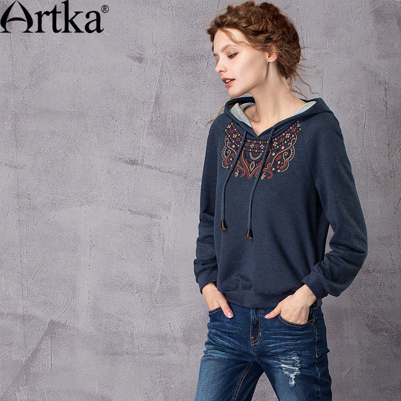 ARTKA Women's Autumn New Solid Color Ethnic Embroidery Hoodie Vintage Hooded Long Sleeve All-match Comfy Hoodie VA10071C 201028