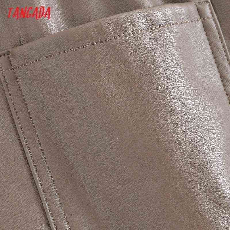 Tangada Women Faux Leather Pants Cargo Strethy Waist Trousers Female Casual QN210 211115
