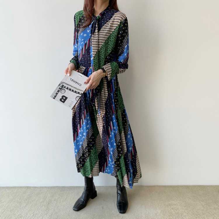 Chic Korean Retro Pattern Twill Print Lace Up Bow Long Full Dresses for Women 210615Z