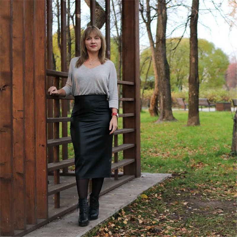 Neophil 74cm Women's Winter Pu Leather Midi Skirts Pencil Bodycon Elegant Office Ladies High Waist Faux Stretch Sexy Skirt S9902 210619