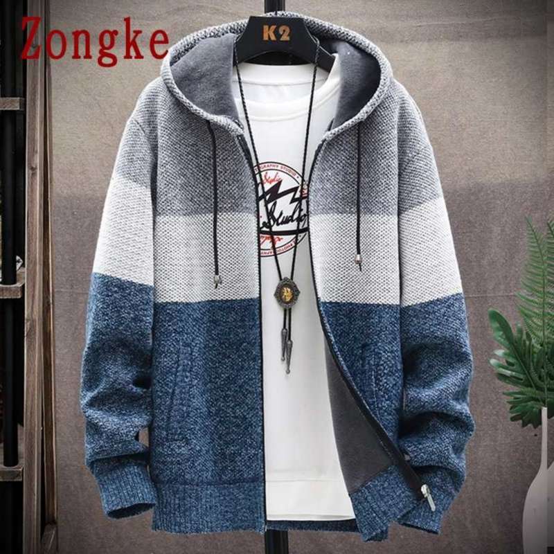 Zongke Patchwork Hooded Cardigan Men Clothing Winter Knitted Cardigan Sweater Men Coats Wool Men Sweater Fashion M-3XL 210929