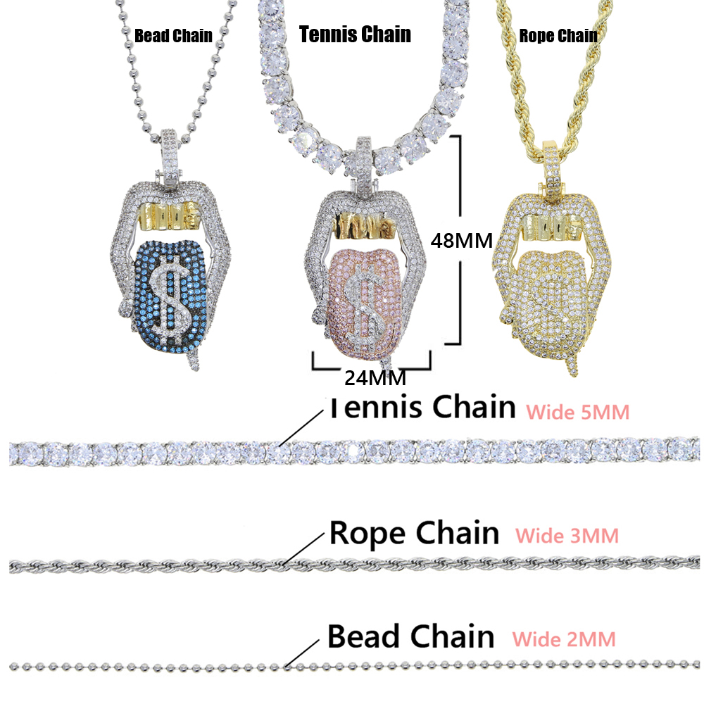 Iced Out Bling 5A CZ Sexy Mouth Pendant Necklace Dollar Symbol Micro Pave Dripping Lips Silver Color Tennis Hip Hop Women