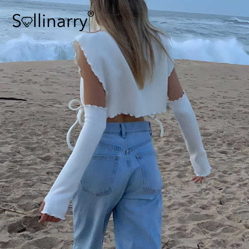Sollinarry High street turtleneck sweater vest women Sexy sleeveless autumn crop top white Loose lace up ladies short sweater 210709