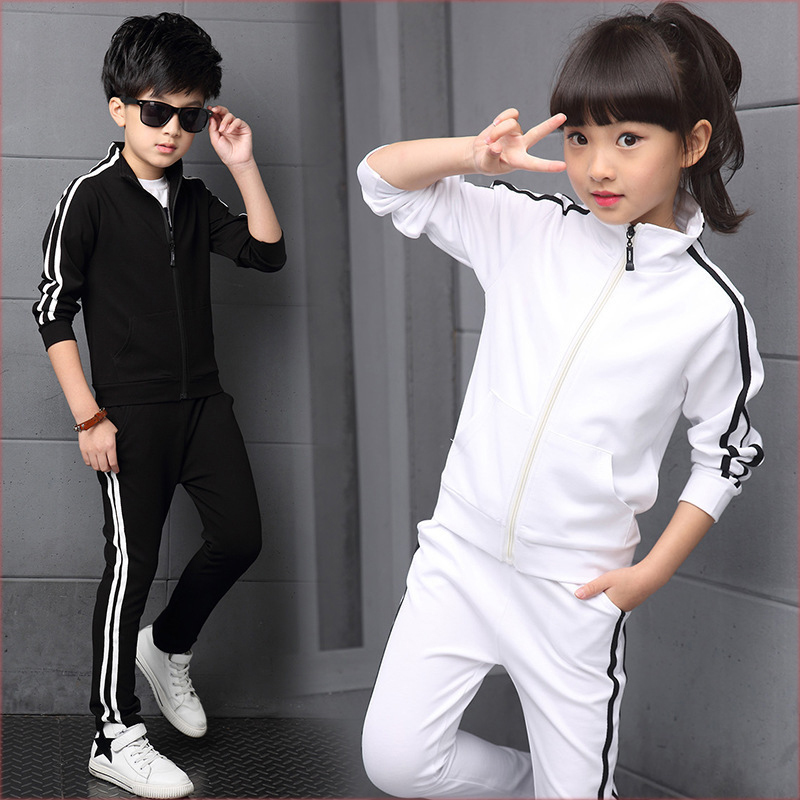 Boys Girls Clothing set Children's Spring &Autumn Solid Student Sprotwear 2pcs suits Long Sleeve Clothes 5 6 8 10 12 14 16 Years Y1117