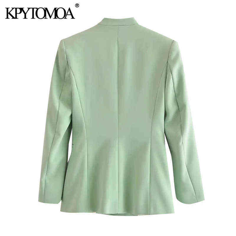 KPYTOMOA Women Fashion Office Wear Collarless Blazer Coat Vintage Long Sleeve Welt Pockets Female Outerwear Chic Veste 211122
