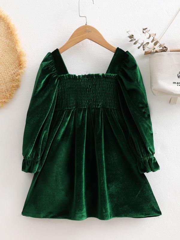 Little girl's ruffled velvet dress with ruffle sleeves SHE