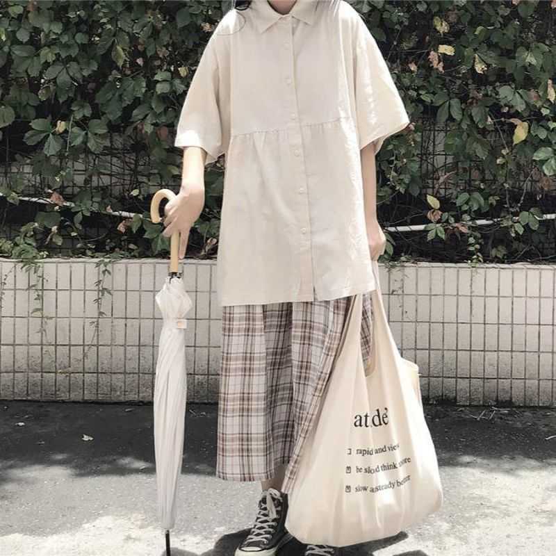 Preppy Style student suit women SS Korean Peter Pan collar shirt + plaid skirt fashion casual two-piece Japan kawaii sets 210526