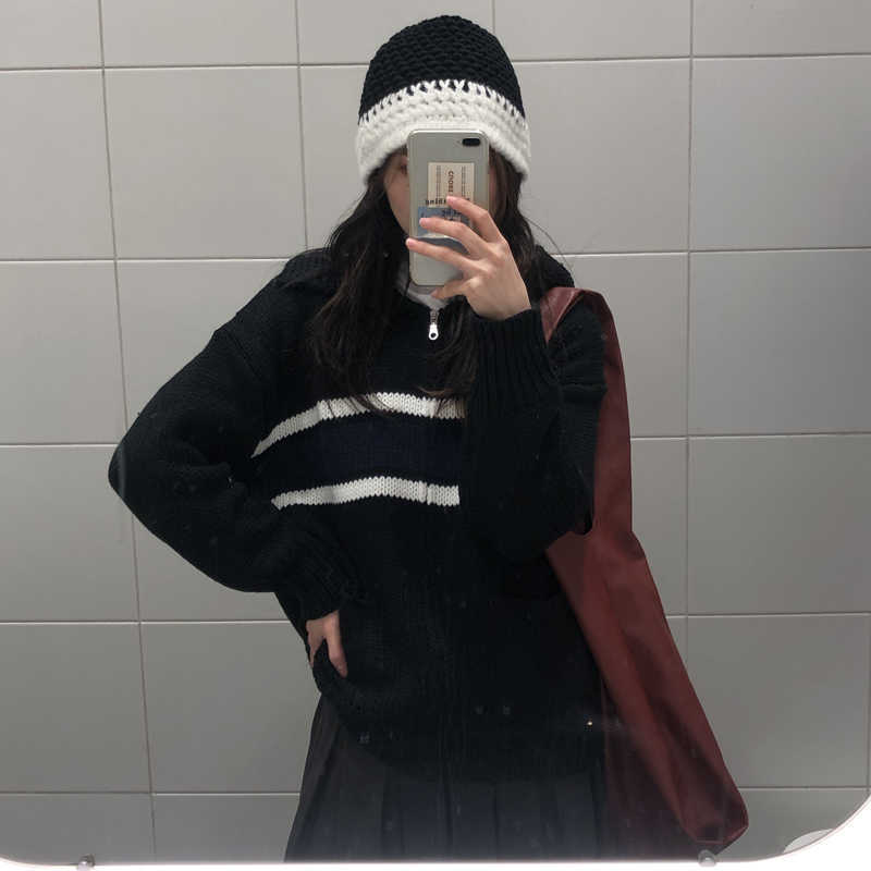 2 Colors autumn and winter korean style turn down collar stripe zipper thick knittd cardigans womens sweaters womens(C8540) 210918