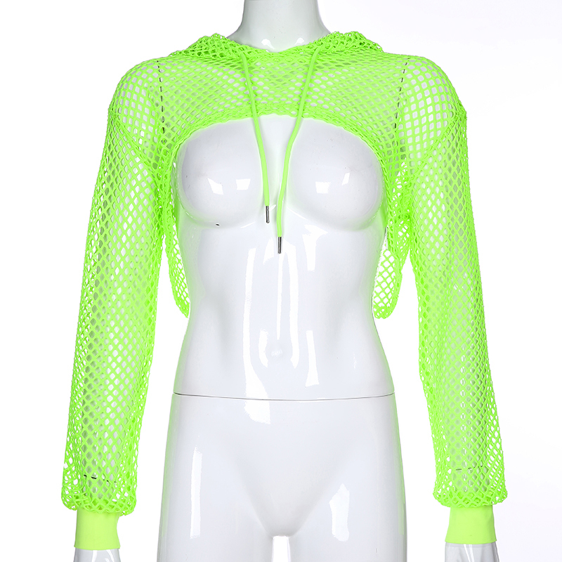 Darlingaga Streetwear Neon Green Mesh Fishnet Top Women Tshirt Perspective Smock Long Sleeve Women's T-shirts Sexy Cropped Shirt T200614