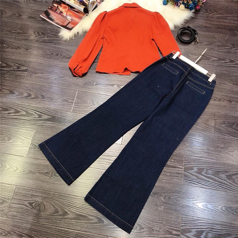 Women's Two Piece Pants Elegant Spring Runway Designers Women Outfits 2021 Fashion Long Sleeve Blouse And Wide Leg Jeans Suits Sets