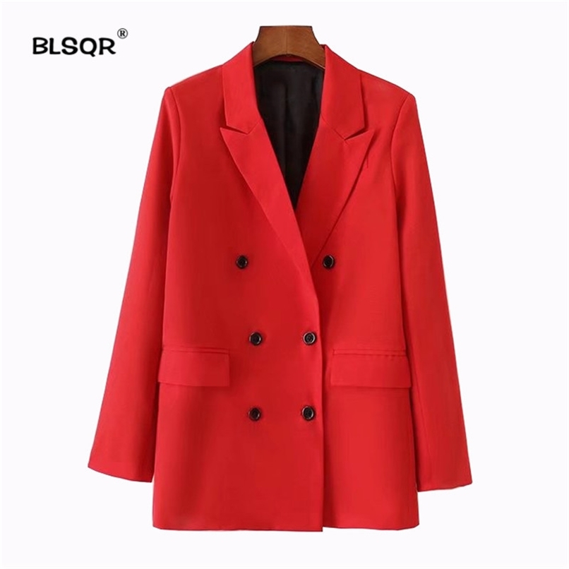 BLSQR Women Red Suit Blazer Spring Fashion Jacket Double Breasted Pocket Blazers Jackets Work Office Business 210930