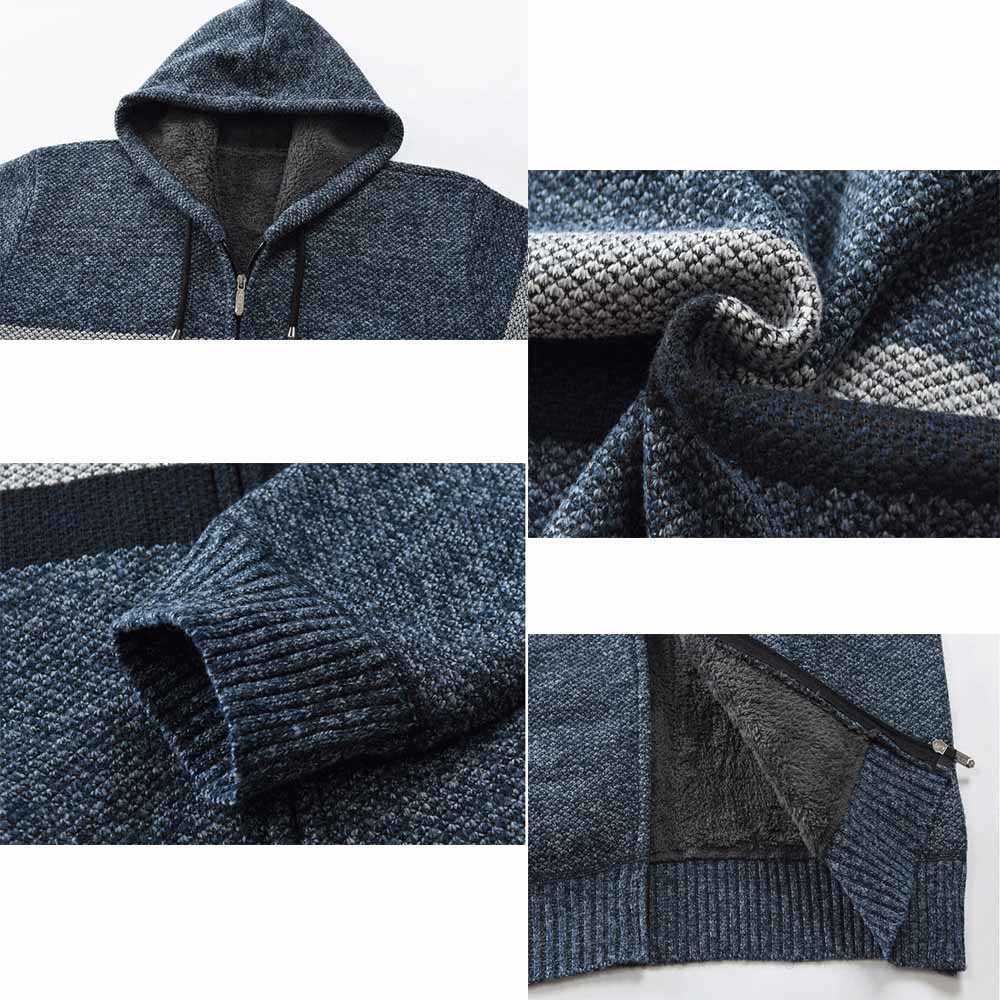 FALIZA Men's Striped Sweater Coat Thick Fleece Warm Zipper Wool Hooded Cardigan Jumpers Men Long Sleeve Knitted Sweaters XY110 210820