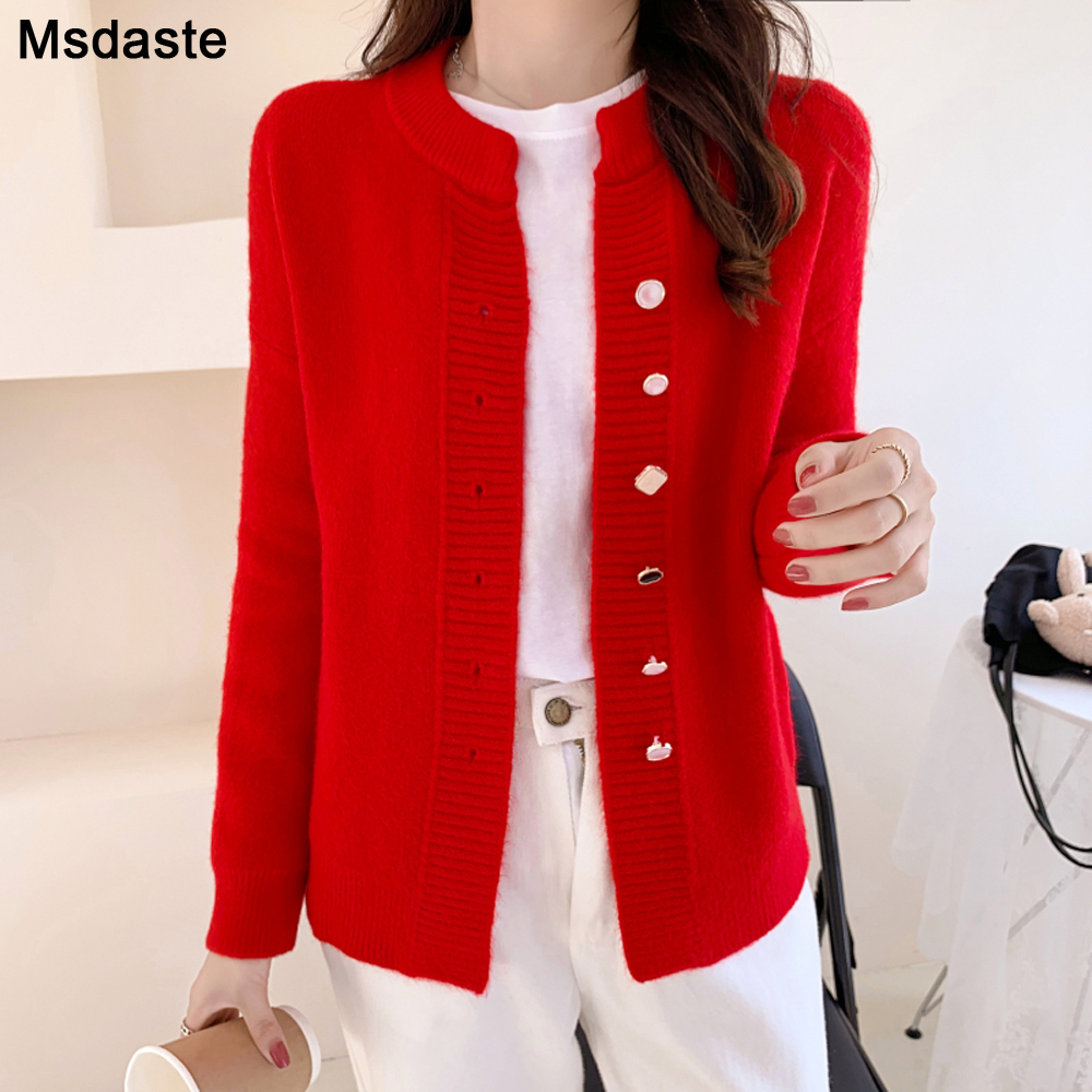 Women Cardigan Sweater Top Red White Knitted Sweater Coat Autumn Winter Good Quality Female Tops Cardigans Sweaters Outerwear 210218
