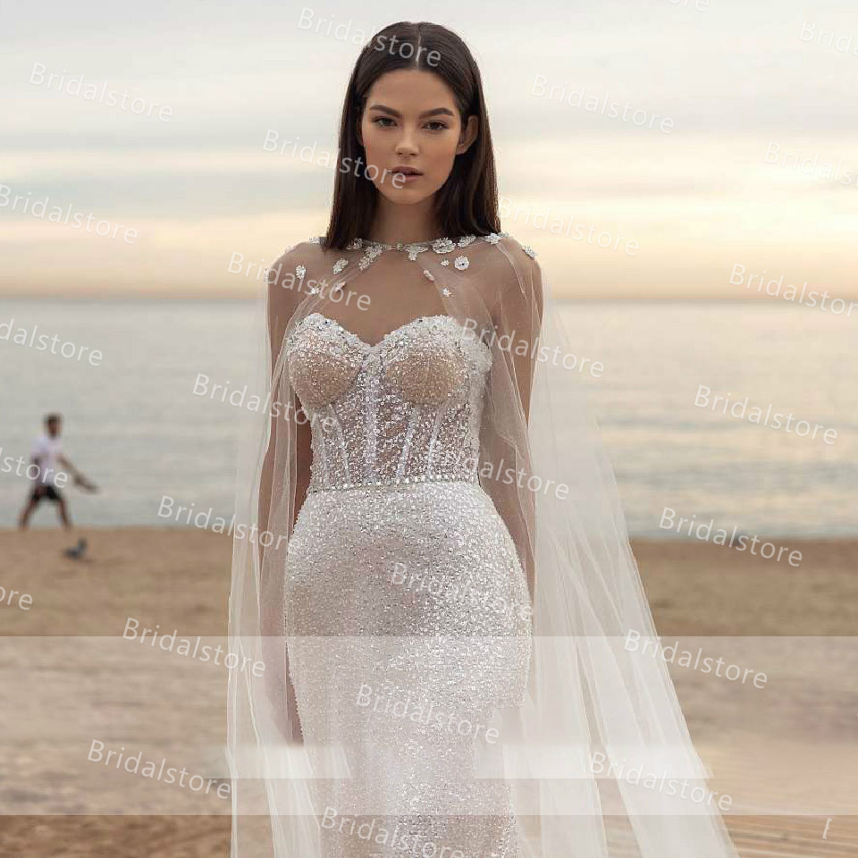 Glitter Sequin Mermaid Wedding Dress 2021 With Caped Wraps Sweetheart 3D Flowers Wedding Gowns Sexy Sparkly Boho Beach Wedding Dress Bridal